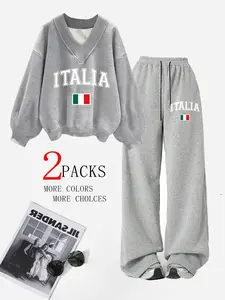 Women's Fall Winter Hoodie Sweatshirt Set, Casual Loose Fit Sweater & Straight Leg Pants, Italian Letter Pattern, Daily Wear, Travel, Camping, Street Style, Womenswear