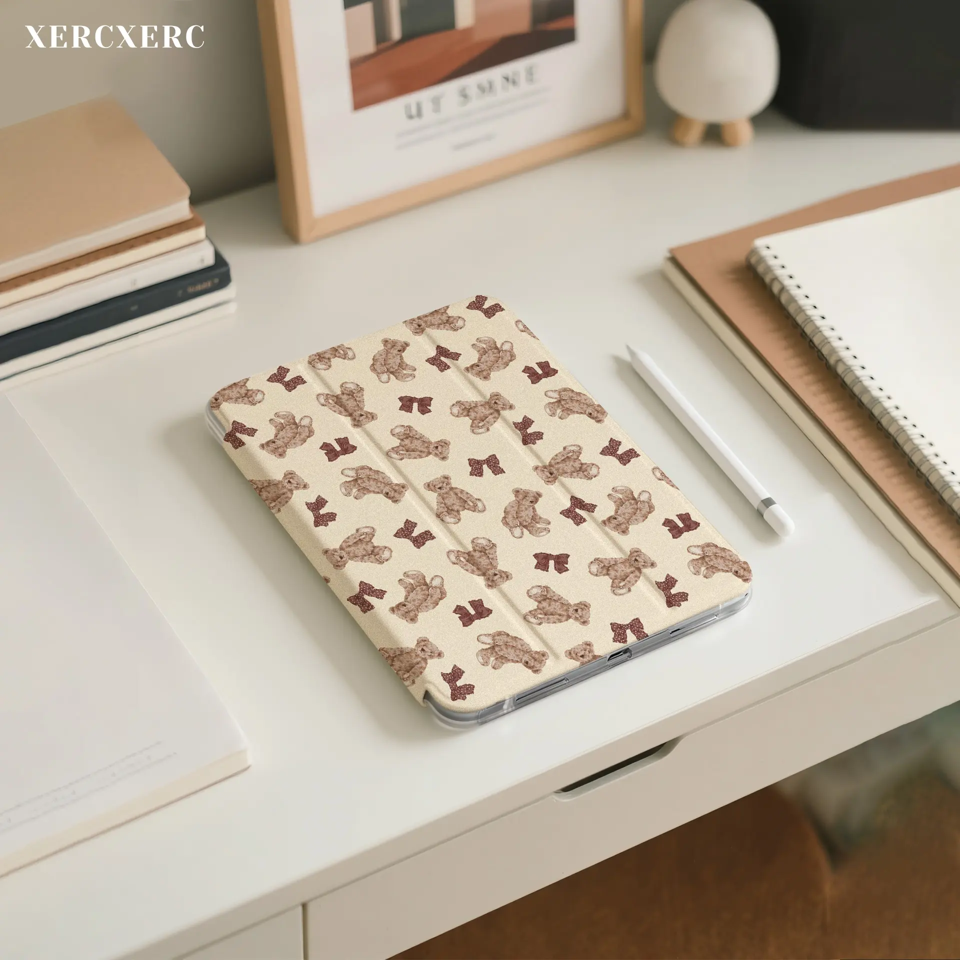 iPad case ipad accessories Cute Teddy Bear & Bow Pattern PU Flip iPad Case, TPU Soft Shell, Trifold Stand, Pen Slot, Shockproof, Auto Wake/Sleep - for iPad Air 11inch/10.9/10.5, iPad A16, iPad 9th/10th/11th Gen, Fall Gift Back to School Case