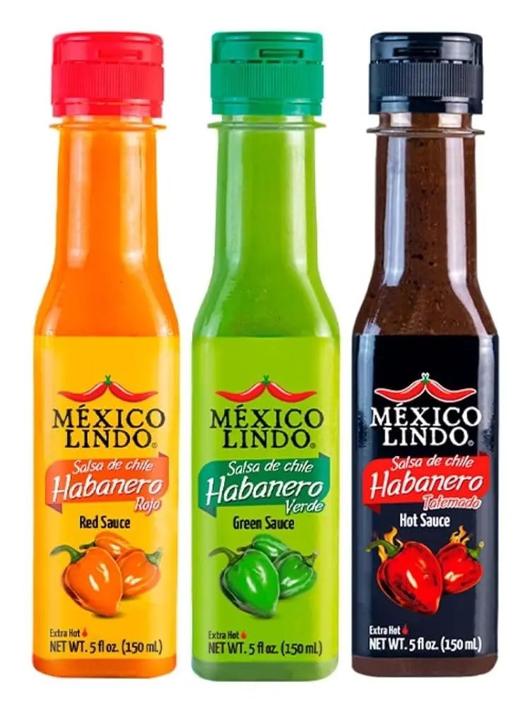 Mexico Lindo Hot Sauce Variety Pack | Includes 1 Bottles Each of Red Habanero + Green Habanero + Xxxtra Hot | 5 Fl Oz Bottles (Pack of 3)