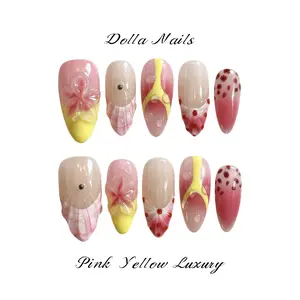 Dolla Nails 100% Handmade 3D Almond Press-On Nails with Pink Bow & Flower Design, Pastel & Aura Cute Nails, Spring Nails, Reusable Salon-Quality Manicure for Daily Wear & Dates