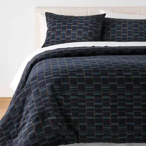 2pc Twin/Twin Extra Long Woven Grid Comforter Set Navy Blue - Threshold designed with Studio McGee