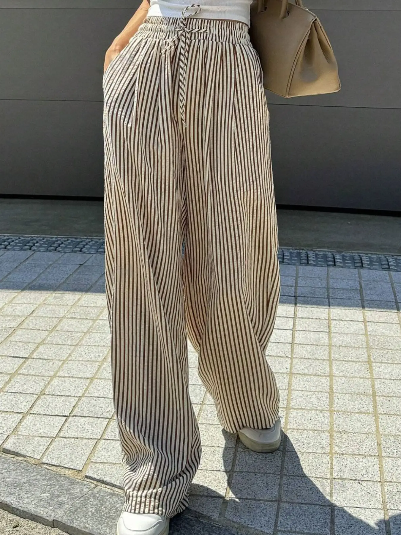 Women's Ruched Wide Leg Pants, Casual Loose-Fitting Long Trousers, All Season Fashionable Casual High Waisted Bottoms, Comfortable Daily Wear