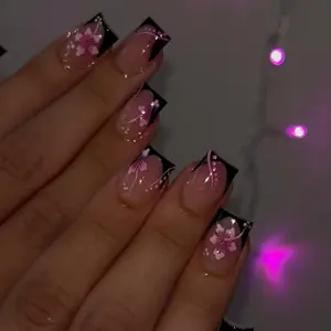 24pcs Wearable Nails, Summer Vacation Essential, Fashion Nude Color, Lotus Flower & French Accent, Short Square Fake Nails, French Tip Nails