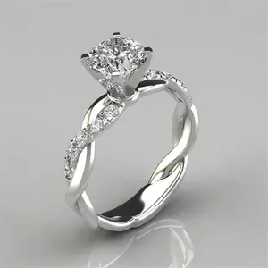 Luxurious Cross-Shank Round-Cut Zirconia Engagement Ring - Silver-Plated, Elegant Twist Band Design, Perfect for All Seasons, Weddings, Halloween, and Music Festivals