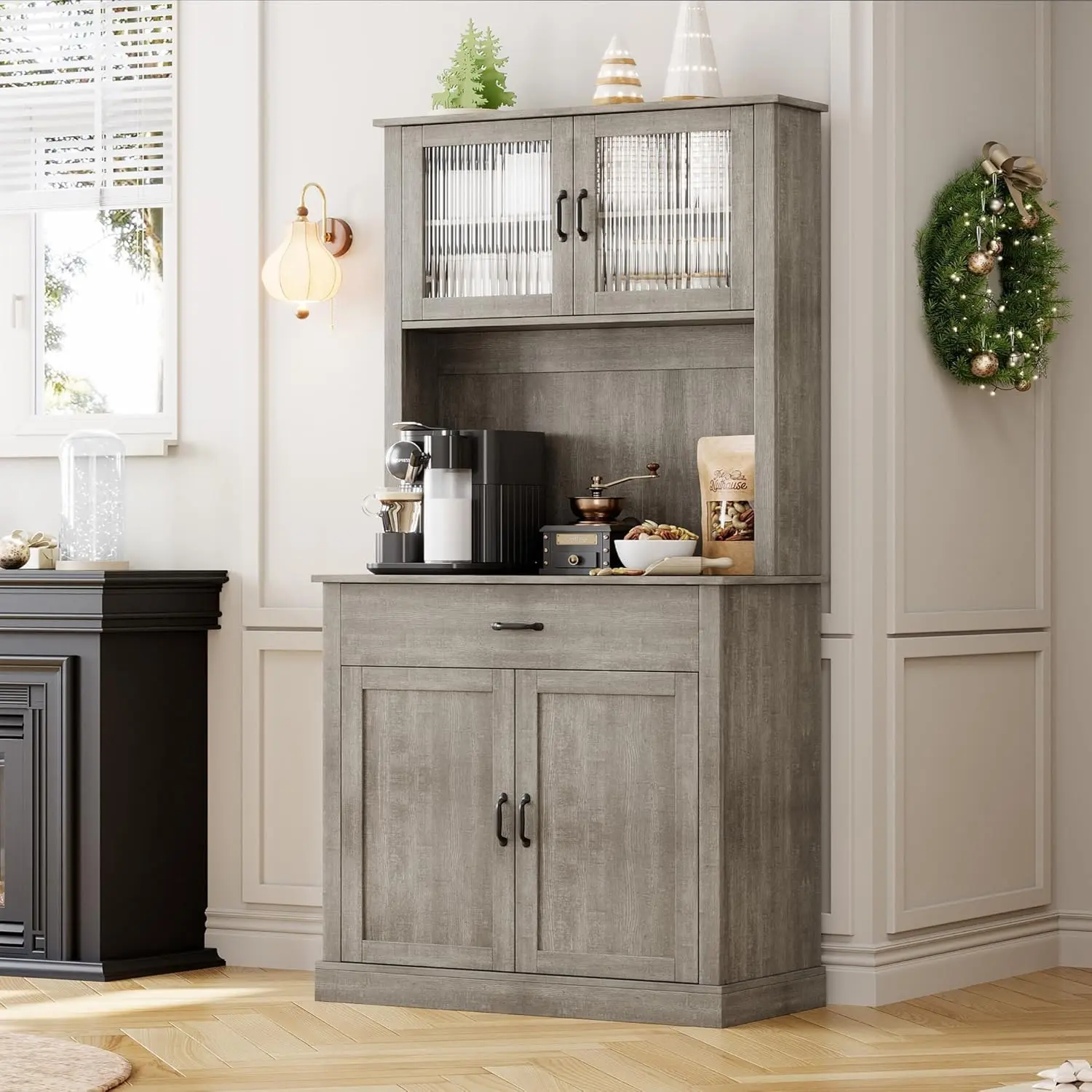 Kitchen Pantry Cabinet with Microwave Stand & Coffee Bar,Wooden Freestanding Hutch Cabinet with Adjustable Shelves and 4 Doors,71" H Tall Pantry for Kitchen, Dining Room