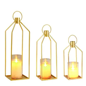 3Pcs Modern LED Candle Lanterns, Gold Metal with Flickering Flameless Candles, Timer & Remote, Indoor Outdoor Decorative Centerpiece for Porch, Table, Fireplace, Farmhouse Decor