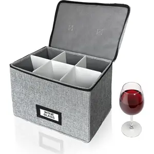 Wine glass storage box with dividers, holds 6 red or white wine glasses, hard top and sides, 6-compartment stemware storage container, gray