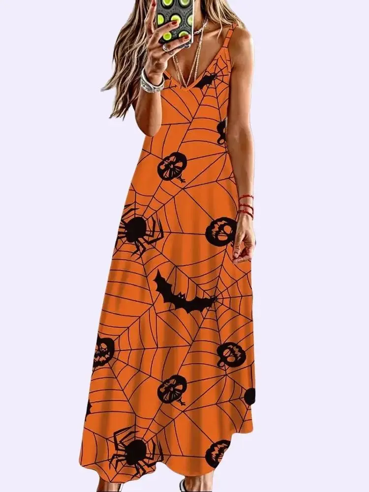 Women’s Halloween Dress – Skull & Pumpkin Print V-Neck Sleeveless Long Party Dress