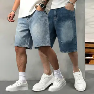 Men's summer vintage blue gradient wide-leg denim five-inch pants, loose straight-cut, slimming and flesh-concealing cargo shorts, suitable for daily outdoor activities and street wear, versatile and trendy pants