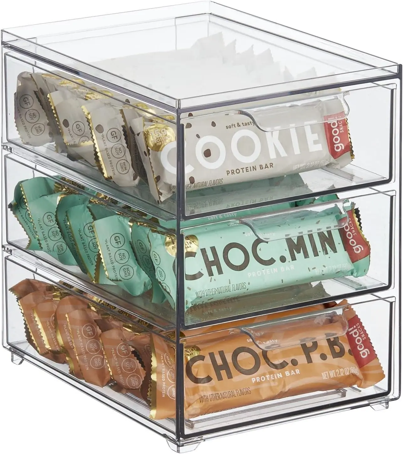 Plastic Stackable 3-Drawer Kitchen Storage Organizer - Bin with Divided Pull-Out Drawers for Pantry, Shelf, Fridge/Refrigerator, and Freezer Organization - Lumiere Collection - Clear