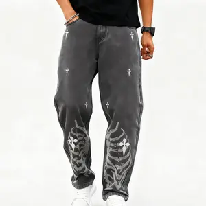 OPDNBON Men's Washed Denim Cross Logo Slanted Pockets All Season Skeleton Print Graphic Jeans for New Year Street Outfit