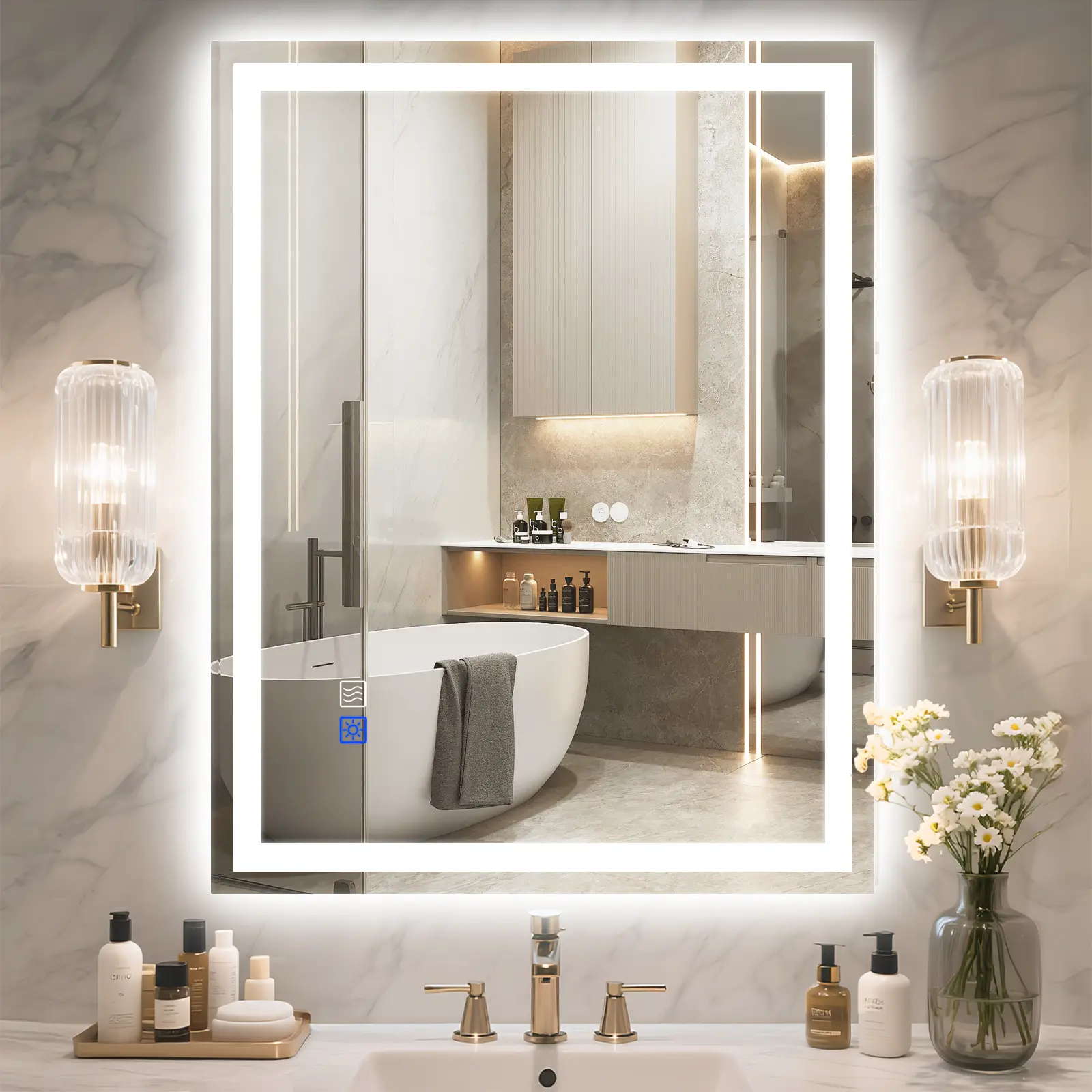LED Bathroom Mirror Lights, Dimmable Bathroom Mirror with Touch Control, Over Sink Bathroom Mirror with Tempered Glass, 3-Color Options, Wall Mounted, Defogging&Memory Timing Function,  Hallways,Closets,Barber Shop