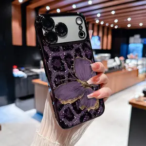 Trendy purple leopard print and butterflies Pattern Soft silicone Phone Case for iPhone 17 Pro Max Air 16 Pro Max 15 Plus 14 13 12 11 All-inclusive lens Anti-drop Transparent Electroplated Protective Cover