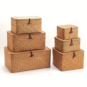 Handmade Woven Desktop Storage Box, Tea Table Snack Organizer Basket, Rectangular Straw Storage Bin, Decorative Home Decoration