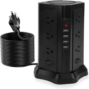 Surge protection tower with 12 AC power sockets and 4 USB ports (1 USB C), power strip tower, multi-device charging tower, overload protection for home kitchen dorm office desk (black) Plug Compact