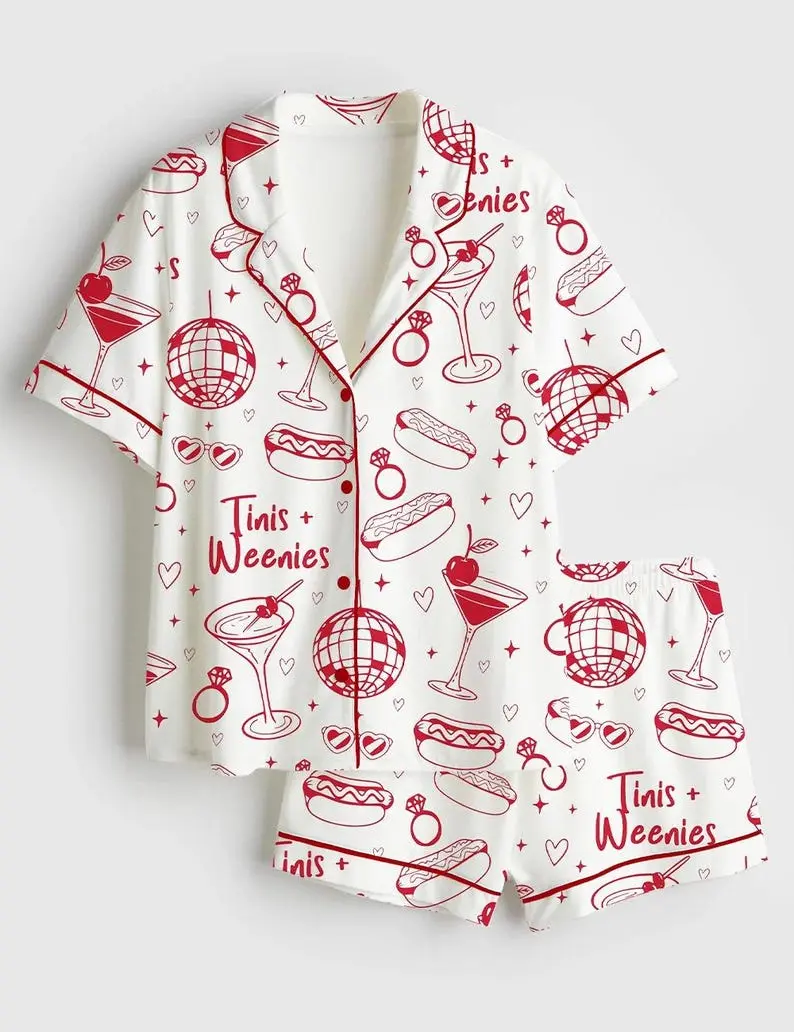 Tinis And Weenies Martini Hot Dog BBQ Bride Party Long Sleeve Pajama Set – Fun Bridal Party Sleepwear, Perfect Gift for Bridesmaids