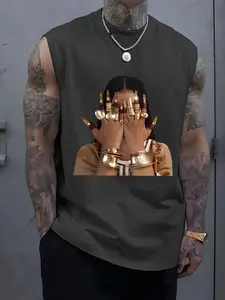 Men's Trendy Athletic Tank Top Casual Sleeveless Vest, Face Covering Woman Print, Perfect for Summer Vacation Friend Gatherings Daily Wear Comfortable Men's Vest