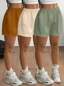 Women's Fashionable Casual Shorts with Pockets, Regular Fit Elastic Waist Design, Plain Pattern All-Season Wear, Stylish Daily