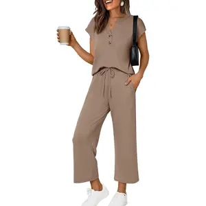 Sports & Outdoors 2 Piece Sets for Women Summer Short Sleeve Button V Neck Tunic Shirt Drawstring Wide Leg Sweat Pants High Waisted Trousers