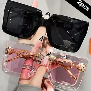2 Pairs Luxury Oversized Square Sunglasses for Women, With Gold Chain Detail & Transparent Gradient Lenses, Ideal for Parties, Beach, Travel & Outdoor Activities