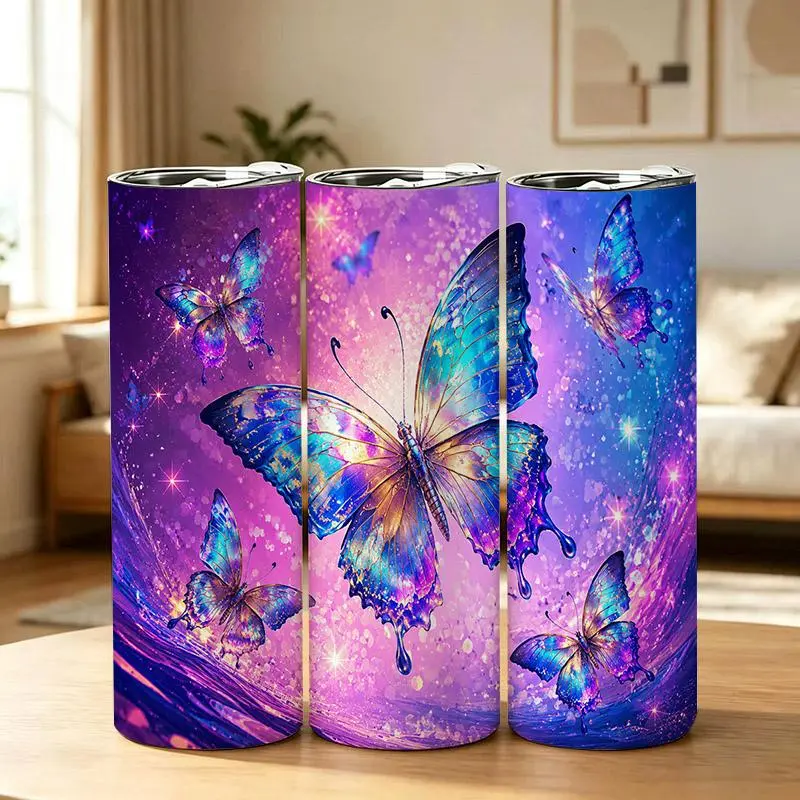 20oz Colorful Galaxy Blue Purple Butterfly Pattern Stainless Steel Tumbler， Tumbler with Lid Vacuum Insulated Travel Mug， Coffee Cups With Lids， Perfect Gifts For Birthday Holidays Gifts For Women and Men