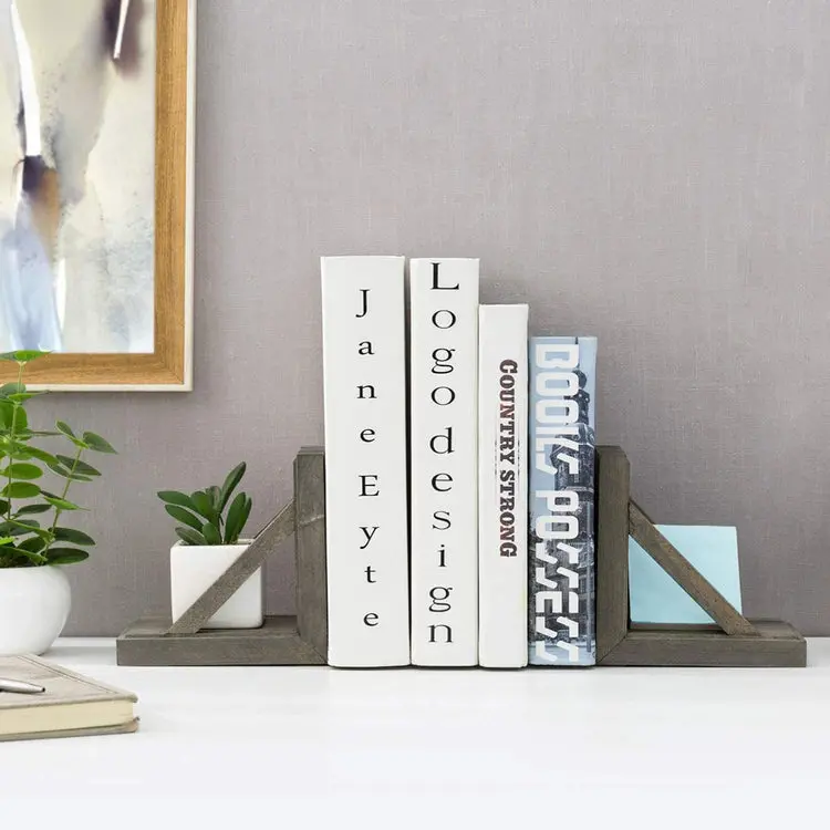 Gray 2-Piece Set Wood and Brass Metal Decorative Desktop Bookends