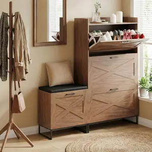 Hidden Shoe Cabinet with Upholstered Seat & Metal Legs, Narrow Shoe Organizer with 4 Flip Drawers, Shoe Cabinet for Hallway, Living Room