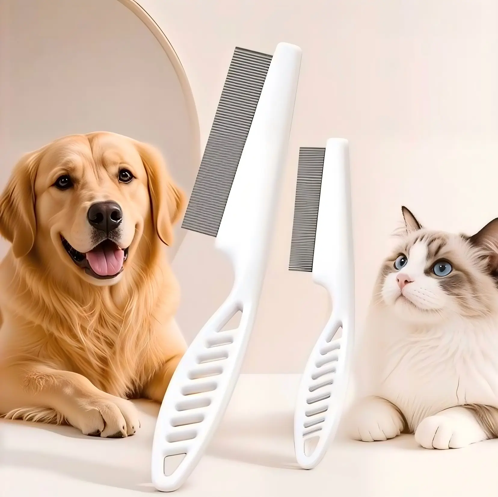 Household Goods, Pet Grooming Comb and Flea Comb Set (Suitable for Pets of All Sizes), Fine-Tooth Stainless Steel Grooming Comb, Removes Shed Hair, Eliminates Fleas and Lice, Prevents Hair Loss, Small and Large Sizes (2-Piece Set)