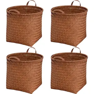 GIB Wicker Cube Storage Bins Baskets with Handles Set of 4, 11x11 Inch Round Woven Baskets for Organizing, Fit 12x12, 13x13 Inch Cube Shelves, Closet, Laundry Organizer, Brown