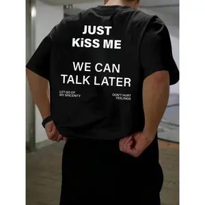 Men's Regular Fit "JUST KISS ME WE CAN TALK LATER" Slogan Print Round Neck Tee, Casual Style Tee, Street Fashion Casual Short Sleeve T-shirt for Daily Wear, Menswear for All Seasons, Top