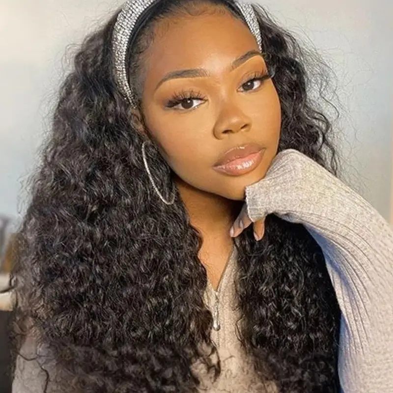 Bling Hair Headband Wigs Deep Wave Fall Machine Made Non Lace Glueless Wig Short Curly Cheap Human Hair Wig For Women