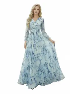 [Stock from US] V Neck Long Sleeve Blue Abstract Floral Print Chiffon Maxi Dress With Lining