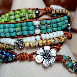 Boho Style Picasso Seed Bead and Leather Bracelet with Daisy Spacer Beads bracelets creative gift special gift beautiful bracelet Beaded bead bracelet unique design stocking stuffers bracelet stack cool jewelry