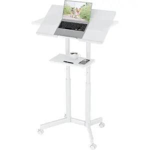 Lecterns & Podiums Portable Mobile Standing Laptop Desk, Height Adjustable, Sit Stand,  Office Classroom Pulpit Stand Up Desk Workstation, Rolling Table Laptop Cart with Storage Tray, White