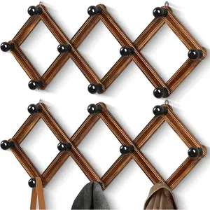 2-Pack Accordion Hat Rack for Wall - Expandable Coat Rack Wall Mount with 10 Hooks - Solid Wooden Wall Hanger for Coats, Hats, Bags & Baseball Caps - Modern  Expandable Hat Holder