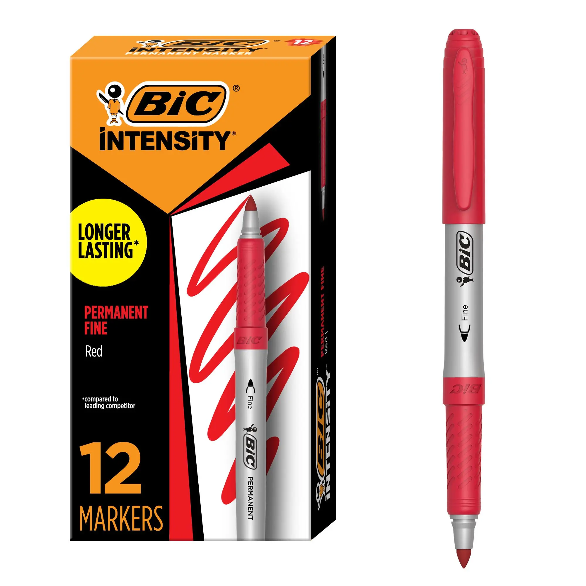 BIC Intensity Red Permanent Markers, Fine Point, 12-Count Pack, Non-Slip Grip for Comfort & Control, Ideal for Back to School Haul (Office Stationery Writing Tool)