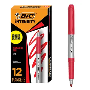 BIC Intensity Red Permanent Markers, Fine Point, 12-Count Pack of Red Markers with Non-Slip Grip for Comfort and Control