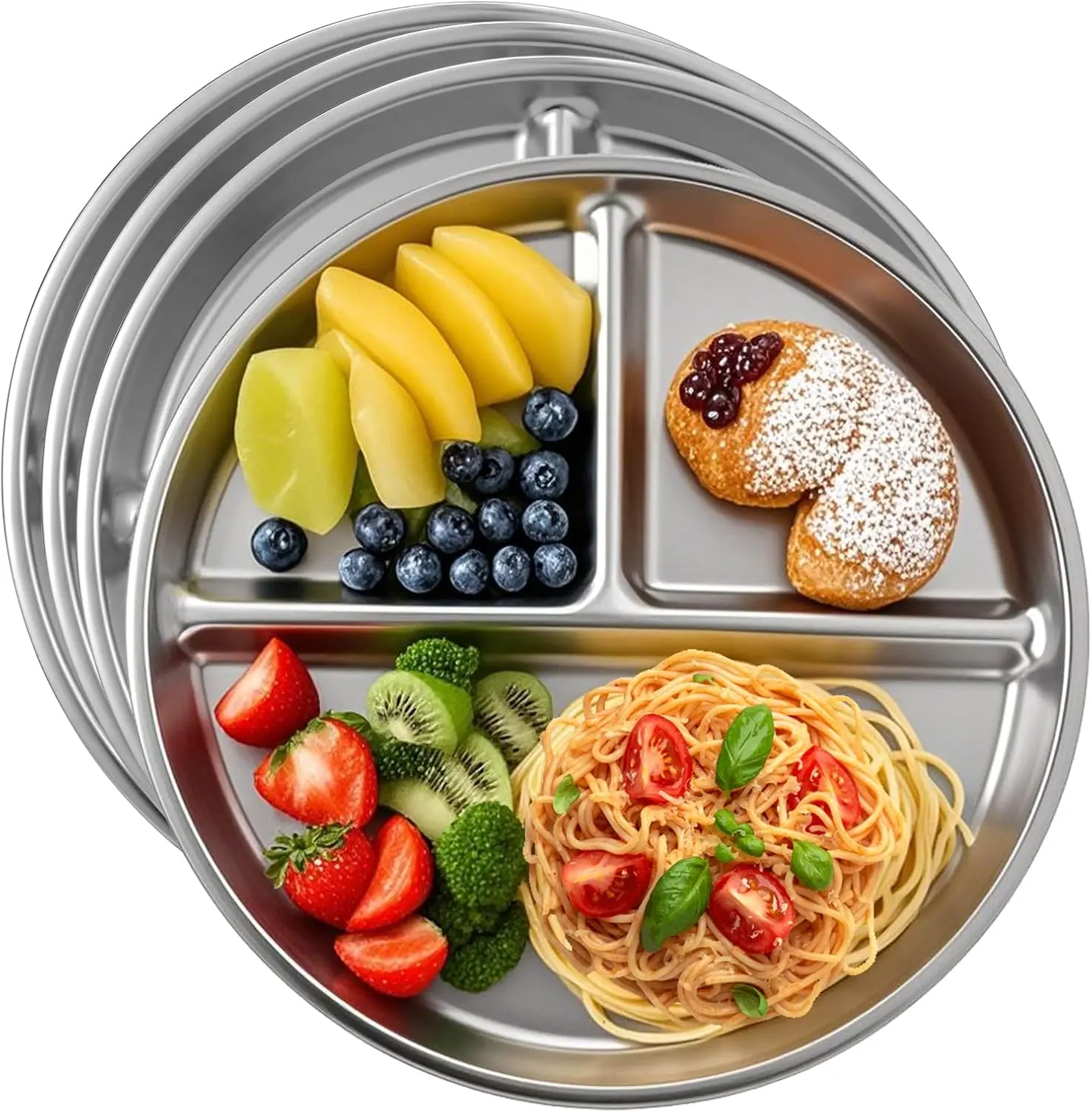 4pcs 304 Stainless Steel Kids Plates，9"Non-Toxic Circular Portion Control Plate，Suitable For Children To Use,Portion Plates For Weight Loss Adults，Reusable, Non-Toxic, Anti Drop, And Dishwasher Safe