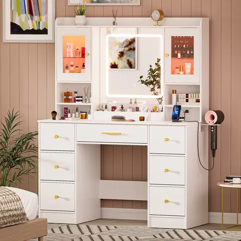 7 Drawers White Vanity Table with Power Outlet and Lighting Mirror, Large Makeup Vanity Desk with RGB Cabinets, Hair Dryer Rack and Jewelry Organizer Led Lighted drawer vanity table touch screen light Vanity Desk Set with Lights and Mirror