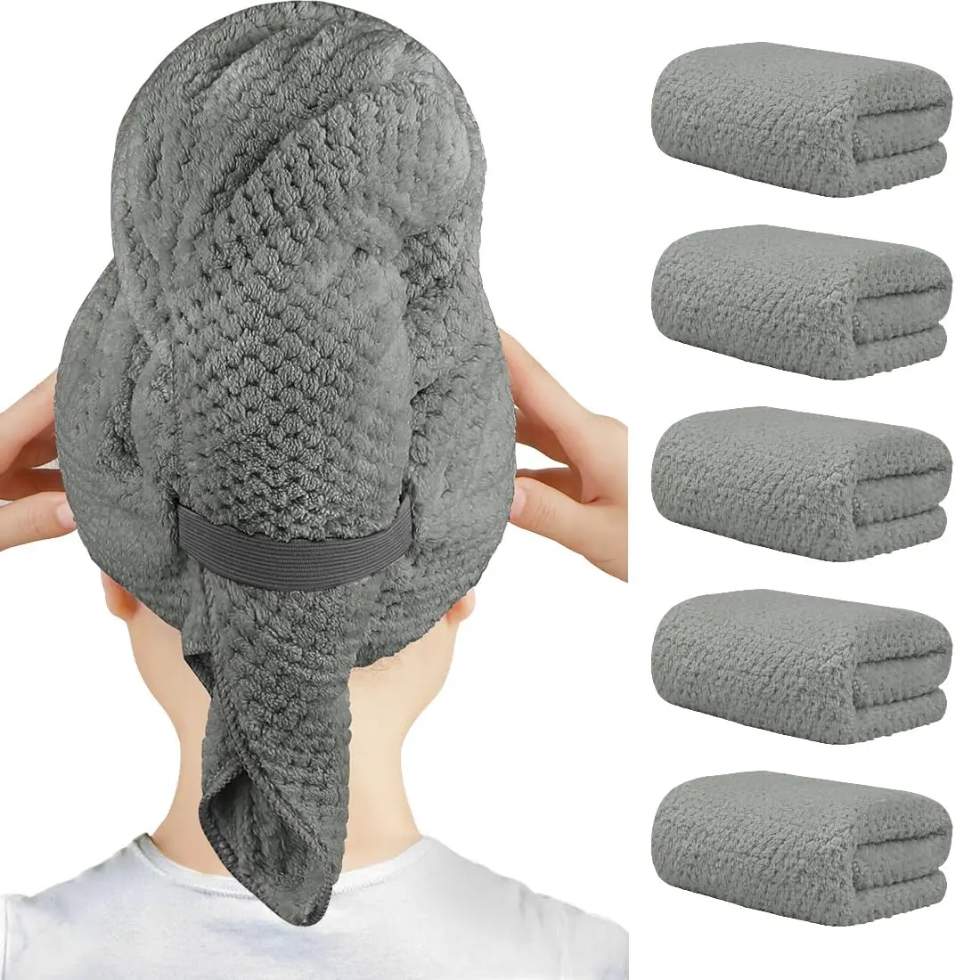 Female 5-Pack Large Microfiber Hair Towel Wraps for Long Thick Curly Hair - Modern, Super Soft, Quick Dry, Anti-Frizz, Absorbent Breathable Towel, Water Absorbent, Lightweight, Oversized 40x23.5in, with Mini Gifts
