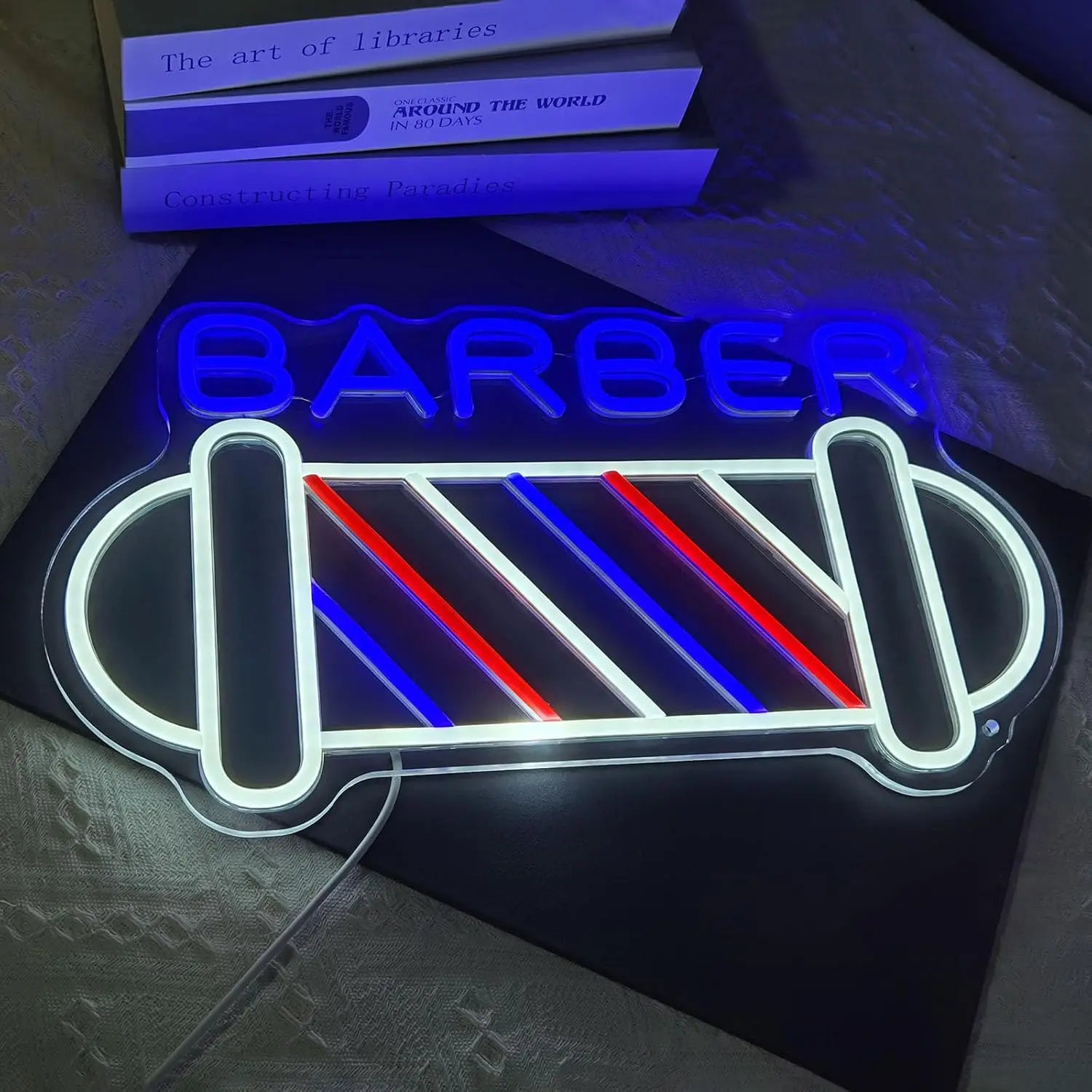 Classic Barber Pole LED Neon Light - 0-5W Slogan Decorative Lights, 3D Bright Blue 'Barber' Text Hair Salon Open Sign, Dimmable Window/Wall Decor for Studios, Barber Shop, 0-5 W