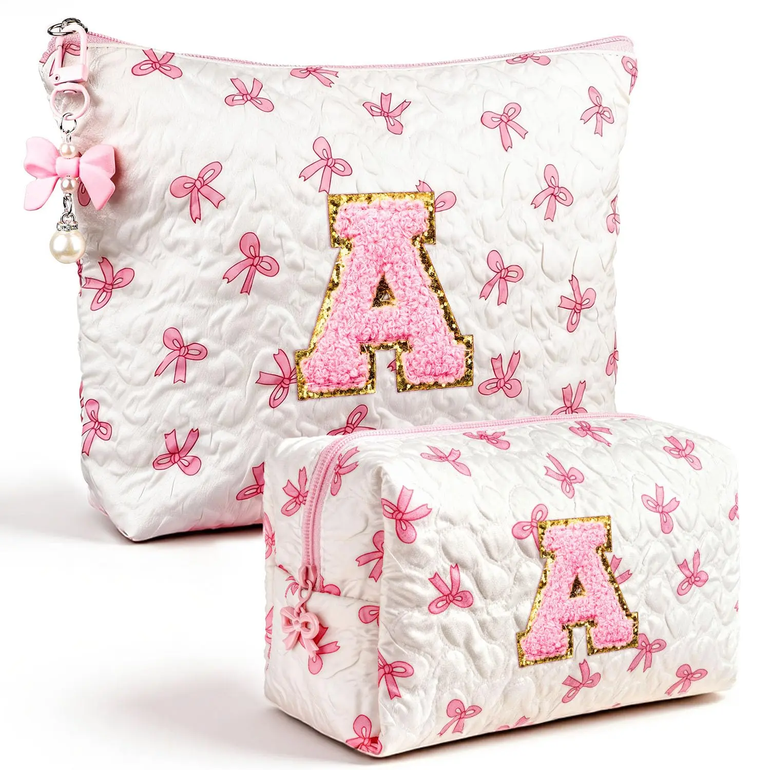 Initial Quilted Makeup Bag with Bow Personalized Cosmetic Travel Toiletry Pouch Cute Makeup Organizer for Women Teens Girls Valentine's Day Birthday Gift Trendy Stuff Aesthetic Gift for Her