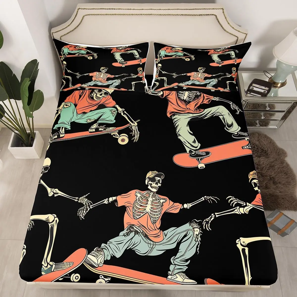Skateboard Fitted Sheet Sugar Skull Sheet Set Hip Hop Style Bedding Set Skateboarding Actions Hippie Bed Cover With 1 Orange Black Room Decor
