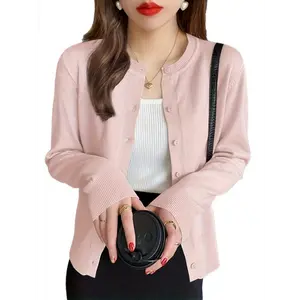 Solid Color Button Front Cardigans, Elegant Crew Neck Long Sleeve Knitted Cardigans Top For Spring & Fall, Women's Clothing