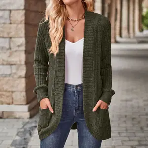Women's Long Sleeve Open Front Knit Cardigan Sweater Curved Placket Large Pocket Sweater