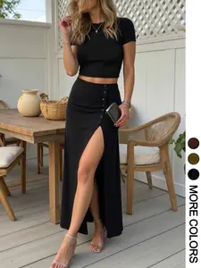 Women's Casual Basic Two-Piece Set, Short Sleeve Crop Top & Front Button Split Skirt, Summer Fashion, Comfortable and Stylish, Womenswear