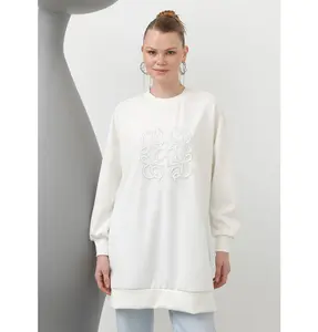 Modest Muslim Women's Modal Blend Embroidered Sweater - 10612 Ecru