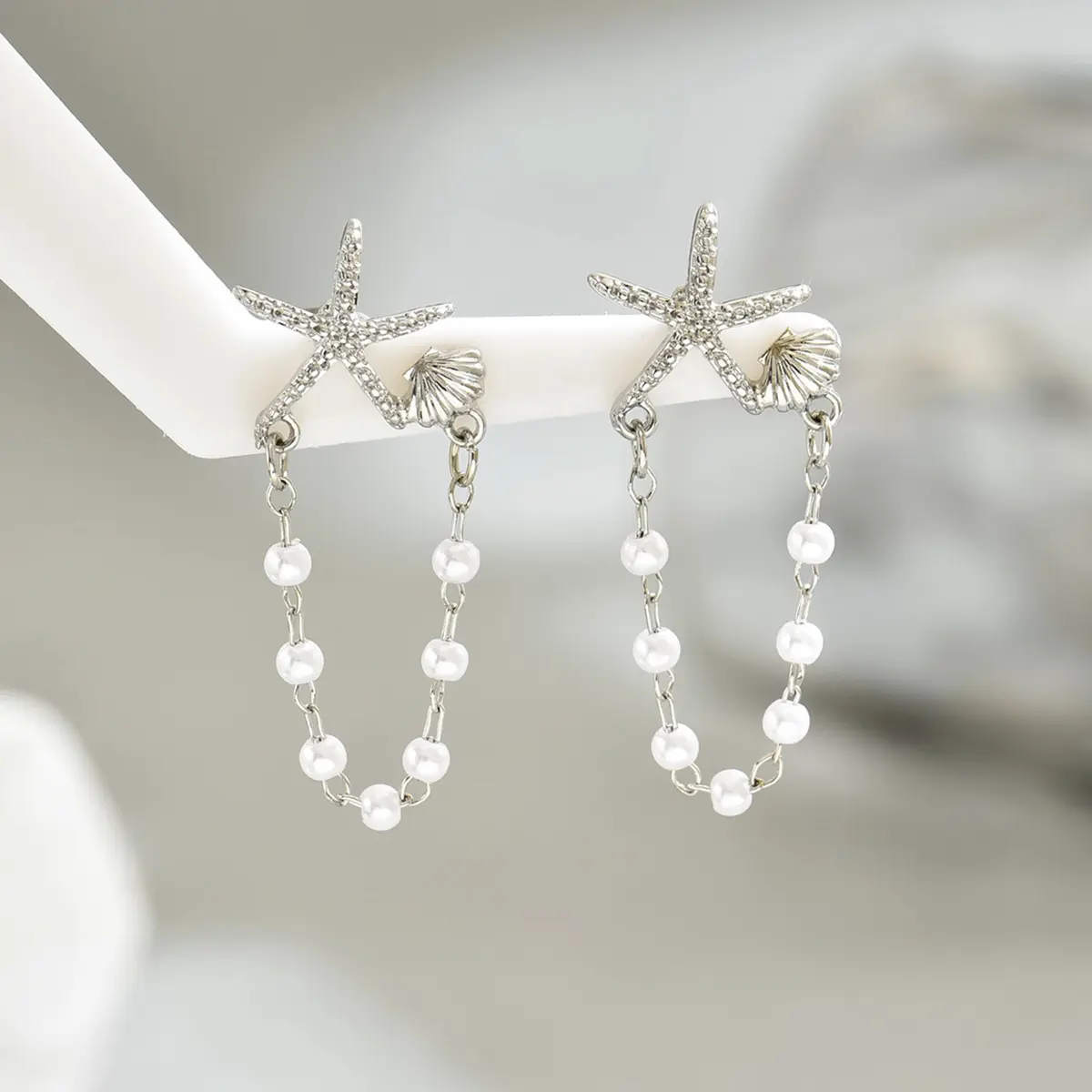 Women's Gold Plated Metal Dangle Earrings - Asymmetrical Coastal Starfish Stud, Sea Shell with Artificial Pearl Chain Tassel, Dainty Beach Girl Aesthetic Resort Wear Sea Life Gift, Elegant, Female, Metal Coating, Double Tone, Studs, Nautical Earrings, She