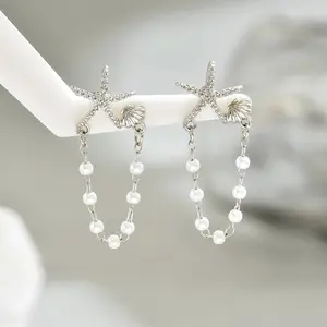 Starfish & Shell Earrings for Women | Ocean Theme Pearl Chain Tassel Drop Earring | Gold Silver Plated Sea Shell Dangle Stud Earrings Dainty Ear Jewelry Gift