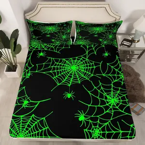 Feelyou Twin Size Microfiber Decorative Bedsheet Set - Deep Pocket Elastic Fit, Spider Web Cobweb Bat Fitted Sheet, Fluorescent Green Spider Print Bed Cover, Horror Theme Linens for Any Room (Microfiber Bed Sheets), Decorative Bedsheet Sets